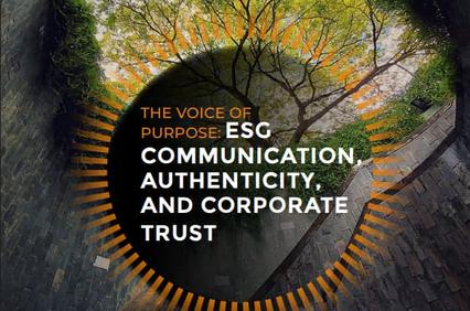 A visually striking poster illustrating concepts of ESG communication and corporate trust through a design featuring a tree emerging from a circular frame.