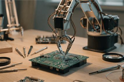A robotic arm is working on a green circuit board surrounded by various tools and components.