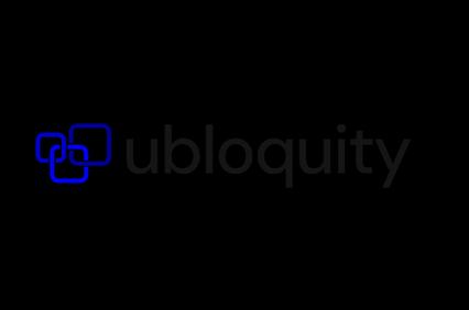 A minimalist black background with the word 'ubloquity' in lower case blue neon font, accompanied by a stylized blue neon icon depicting linked shapes.