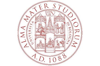 This is an emblem of the University of Bologna, featuring historical figures and symbols.