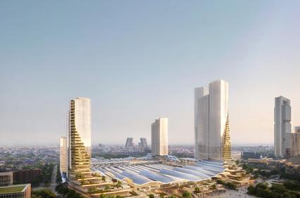 A modern cityscape with high-rise buildings and an integrated green space.