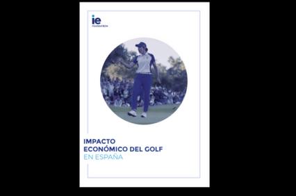 The image showcases a golfer walking on a course, highlighting the economic impact of golf in Spain.
