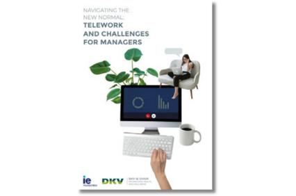This image features a guide on telework and challenges for managers, with a computer display and a person seated in an armchair.