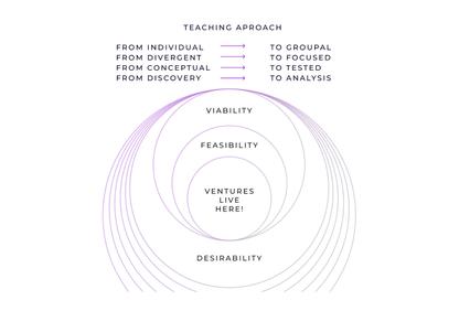 A diagram illustrating the teaching approach and key principles of viability, feasibility, and desirability.