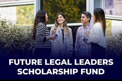 A group of young individuals engaged in conversation outside, promoting a scholarship fund for future legal leaders.