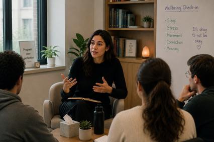 A woman is speaking to a small group in a cozy indoor setting focused on well-being.