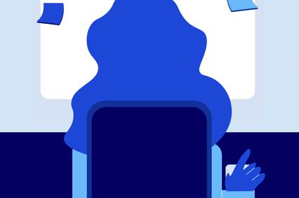 A person sitting at a desk with a computer and sticky notes in a blue-themed illustration.