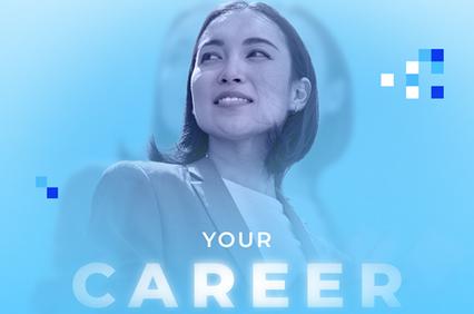 A confident woman looks upward on a blue background with the text 'YOUR CAREER' overlayed.
