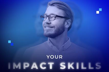 A smiling bearded man in glasses with the text 'Your Impact Skills' over a blue abstract background.