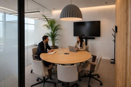 A business meeting taking place in a modern conference room.