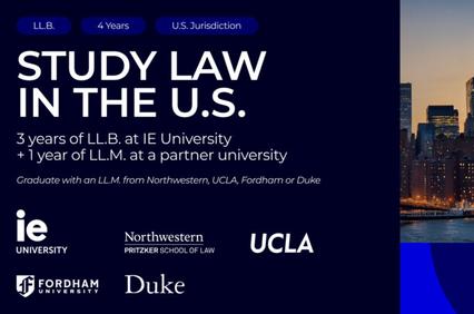 This image promotes a law study program in the U.S. for international students.
