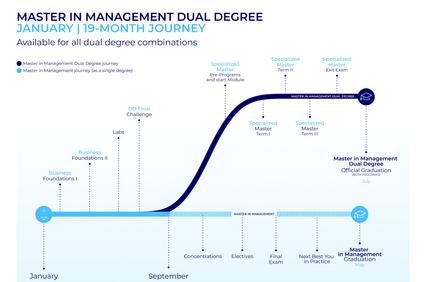 A visual representation of a 19-month journey for a dual degree in Management, illustrating various stages and milestones.
