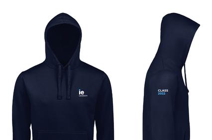 A navy blue hoodie with a logo on the left chest and 'CLASS 2022' text on the sleeve, displayed in two angles.
