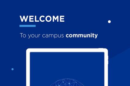A welcome message to a campus community displayed on a blue background.