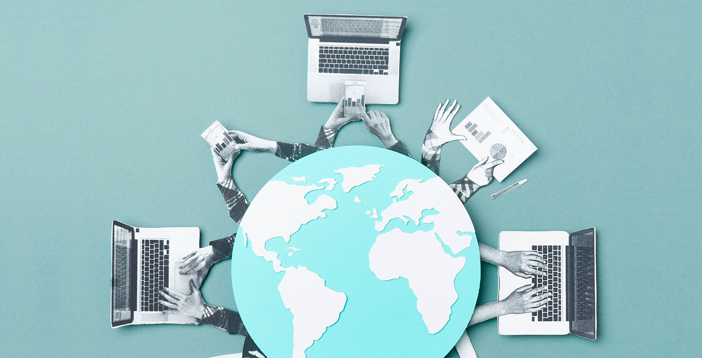 Illustration of multiple arms around a globe, each arm working on a laptop, symbolizing global connectivity and digital work.