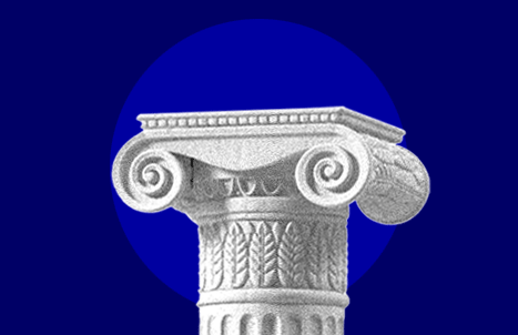 A white column with ornate detailing set against a blue background.