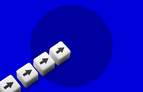 The image features four white arrows on a blue background, with a circular shape in the background.