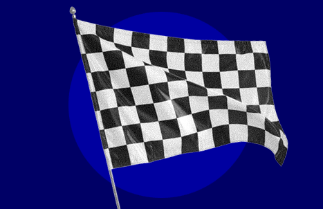 A waving checkered flag on a blue background.