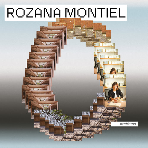 This image features a circular structure made of various architectural elements alongside the name Rozana Montiel and the title 'Architect'.