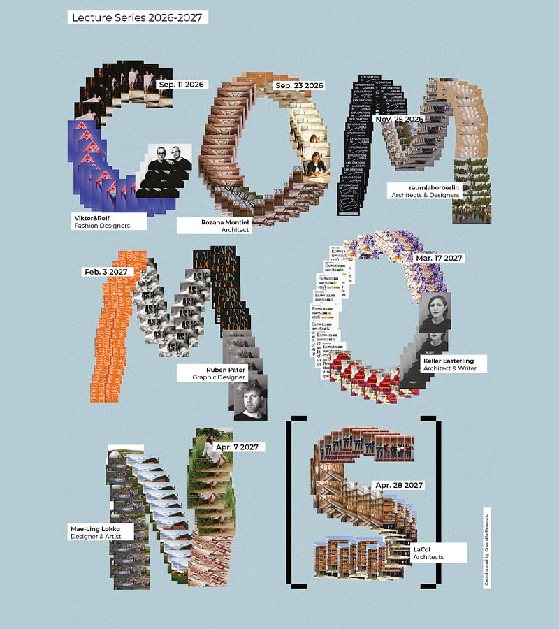 A colorful poster showcasing a lecture series with the title 'COM M ONS' made from various book covers and featuring dates and names of guest speakers.