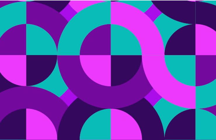 A geometric pattern featuring overlapping circles in shades of purple, teal, and pink.