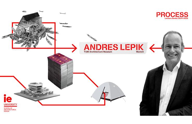 A promotional image featuring Andres Lepik, with various architectural models and references to the TUM Architecture Museum in Munich.