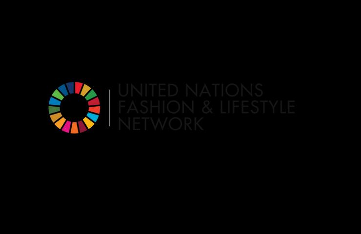 The image shows a logo of the United Nations Fashion & Lifestyle Network, featuring a colorful circular icon next to text on a black background.