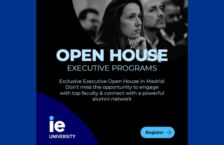 A promotional advertisement for an executive open house event at IE University in Madrid.