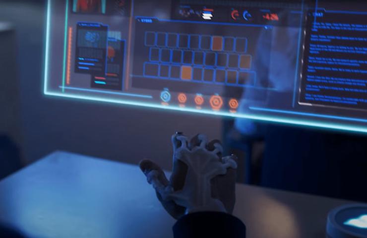 A robotic arm is interacting with a futuristic computer interface displaying various data panels in a dimly lit room.