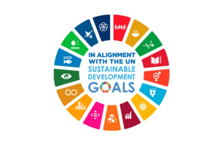 A circular logo representing the UN Sustainable Development Goals, featuring colorful icons for each goal around the circle.