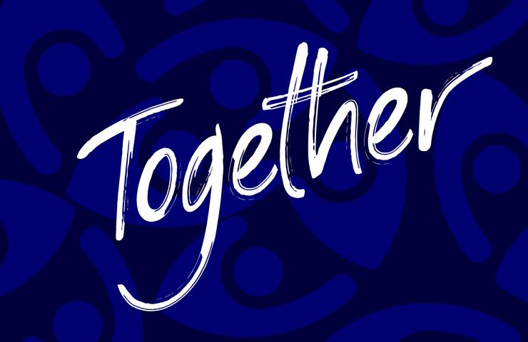 A vibrant graphic featuring the word 'Together' in a bold, artistic font.