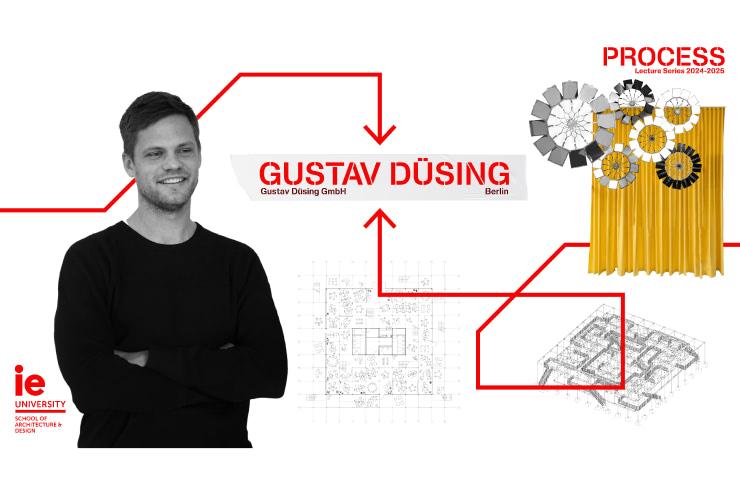 A promotional graphic featuring a portrait of Gustav Düsing with architectural diagrams and lecture information for IE University.