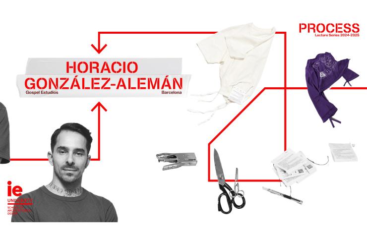 Graphic presentation related to Horacio González-Alemán, showcasing elements of his design process including sketches, tools, and fabric.