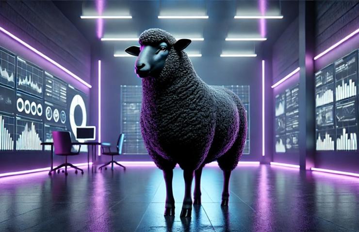 A sheep stands confidently in a futuristic, digital workspace.