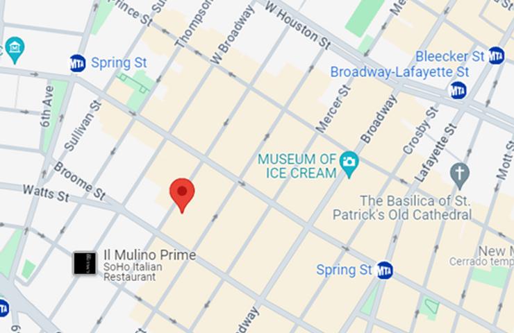 A map showing a location pin near the Museum of Ice Cream in SoHo, New York City.