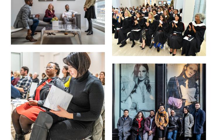 A collage of various groups of people in different settings including a meeting, a lecture, a group photo, and a street scene.