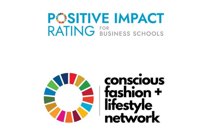 Logos for Positive Impact Rating for Business Schools and Conscious Fashion and Lifestyle Network featuring colorful designs.