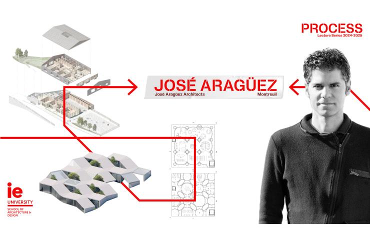 The image features a promotional design layout for José Araguez Architects, showcasing architectural models, plans, and a portrait of José Araguez.