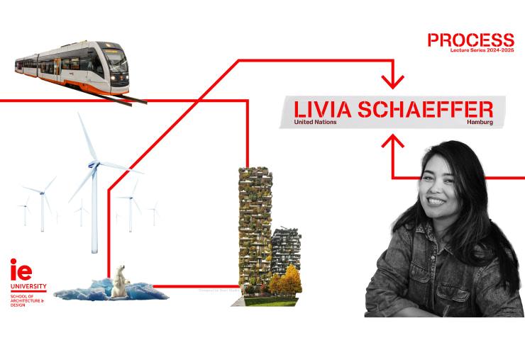 An infographic featuring Livia Schaeffer involved with renewable energy projects represented by wind turbines, a train, and architectural development, showcasing her connection with IE University and United Nations.