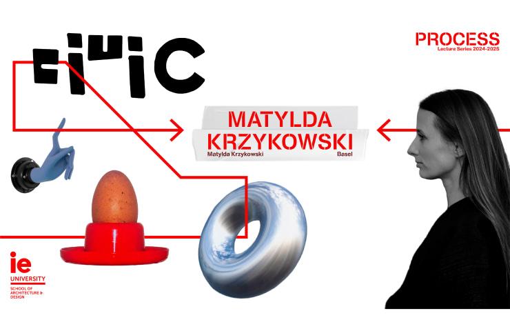 A promotional image featuring a woman's profile on the right, various graphic elements and text including a name Matylda Krzykowski, and abstract shapes on the left with thematic red connections and dynamic layout.