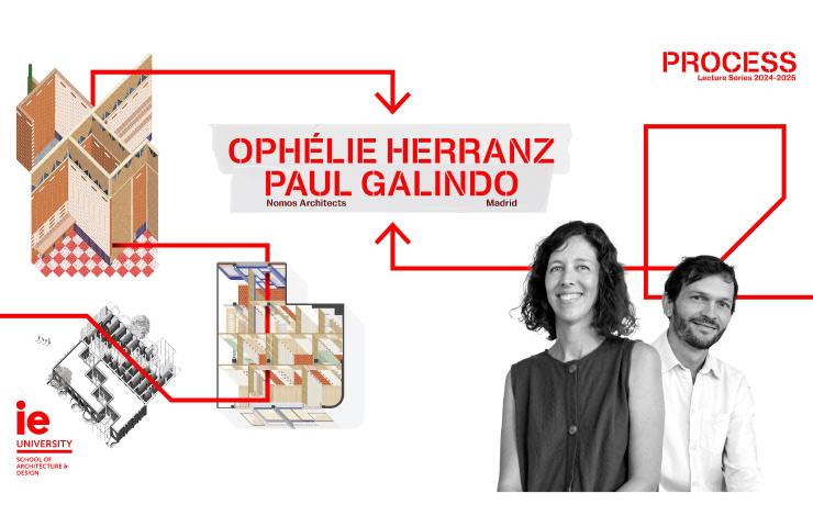 The image showcases a presentation layout of architects Ophélie Herranz and Paul Galindo from Nomos Architects with diagrams and photos relating to a project.