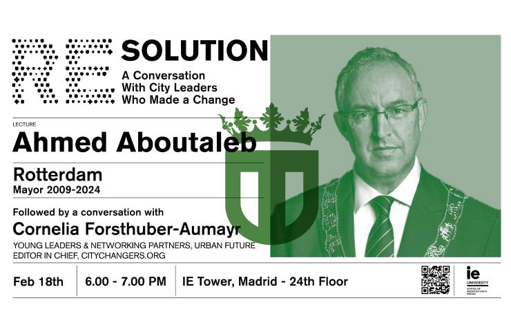 Promotional poster for a lecture titled 'SOLUTION: A Conversation With City Leaders Who Made a Change' featuring Ahmed Aboutaleb, with details of the event including date and location.