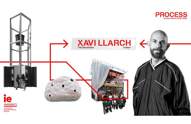 The image displays a promotional graphic featuring architect Xavi Llarch, showing various design projects and elements related to his work.