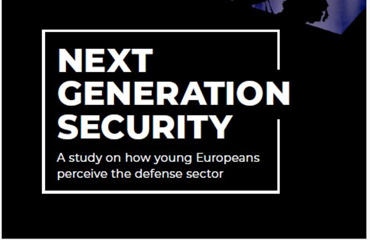 The image shows the cover of a report titled 'Next Generation Security' by IE University and Airbus, discussing young Europeans' perceptions of the defense sector.