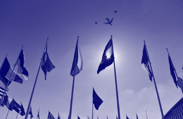 A monochrome image of multiple flags on poles against a sky with an airplane flying overhead.