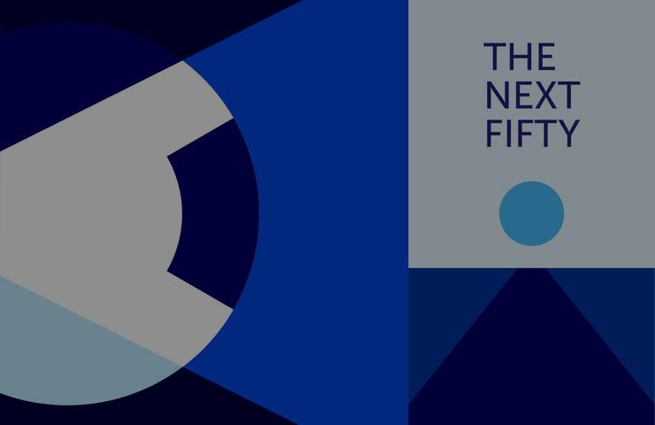 A modern graphic design featuring geometric shapes and text 'THE NEXT FIFTY' on a blue background.