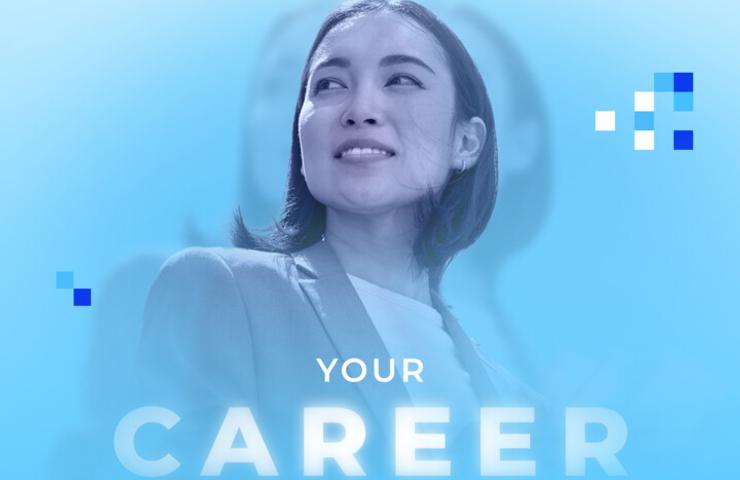 A confident professional woman smiling against a blue background with the words 'Your Career'.