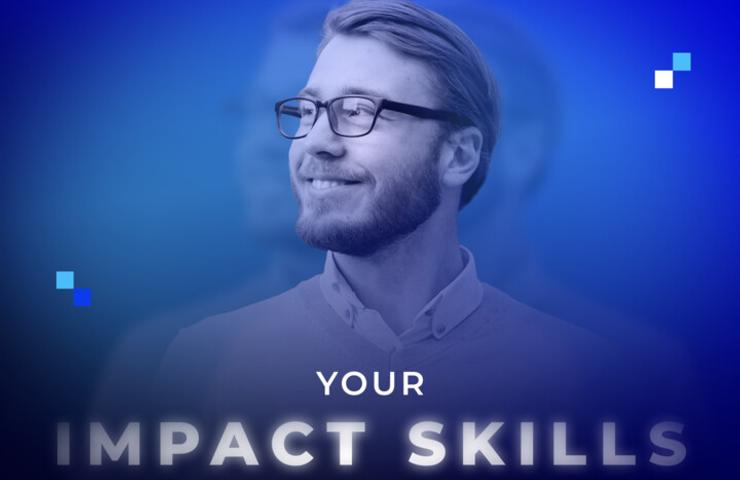 A smiling man wearing glasses with a blue gradient background.