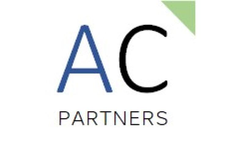 Logo of AC Partners featuring blue text and a green triangular element.