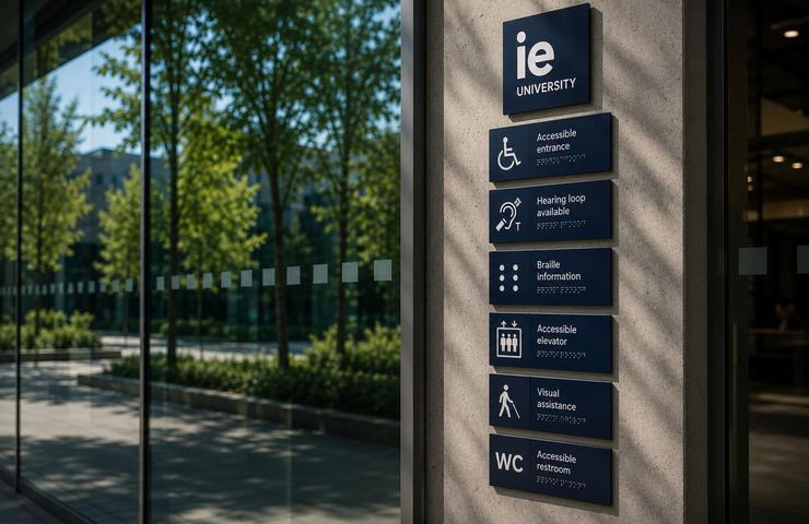 A sign at IE University displaying various accessibility services.